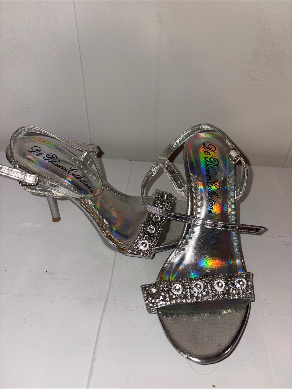 De Blossom Collection Silver Rhinestone Strap Heels
